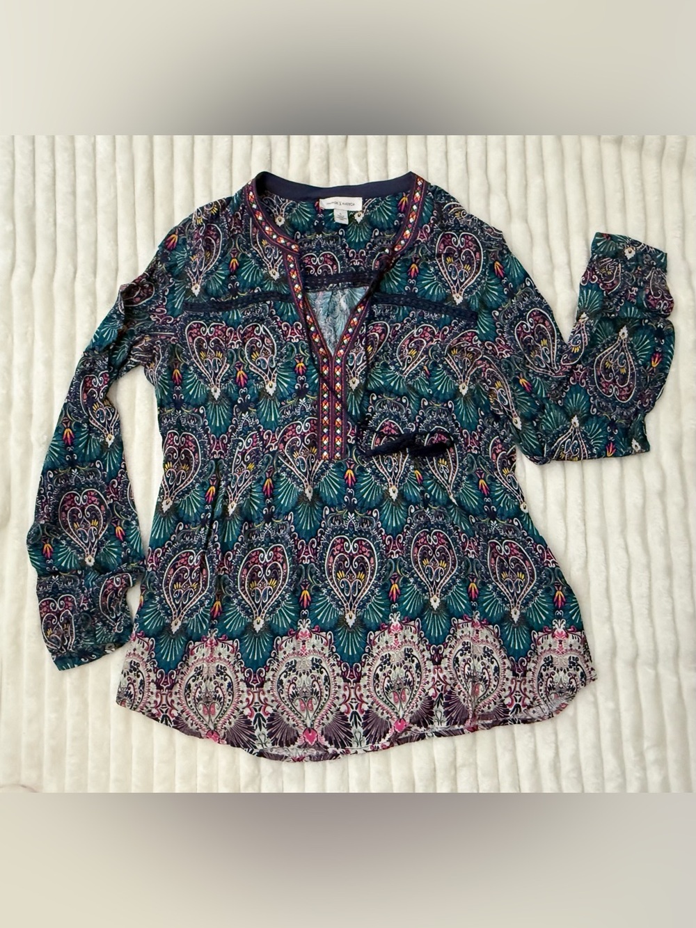Vintage America Teal Multi Paisley V-Neck Tunic